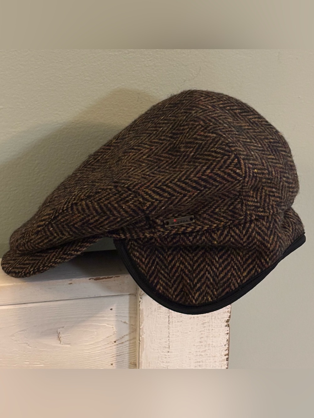 Wigens Lambswool Herringbone Flat Cap Hat Ear Flaps Brown Tweed Size 60
